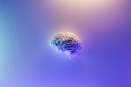 Graphic 3D brain on a blue and purple background