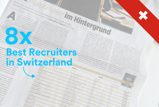 Coopers has been recognized as one of Switzerland’s best staffing agencies for the 8th consecutive year in 2025. The image features a newspaper article with the ranking list, overlaid with a graphic displaying the text '8x Best Staffing Agencies in Switzerland' and a Swiss flag in the corner.