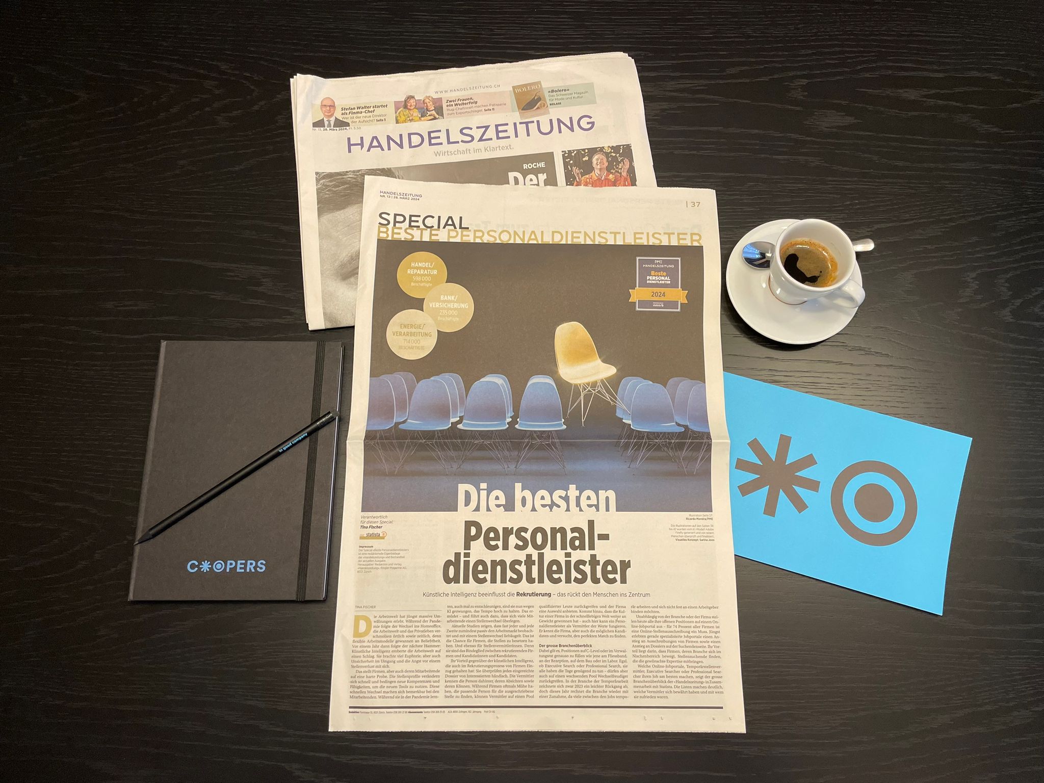 Handelszeitung auf Schreibtisch mit Kaffee und Coopers Gadgets